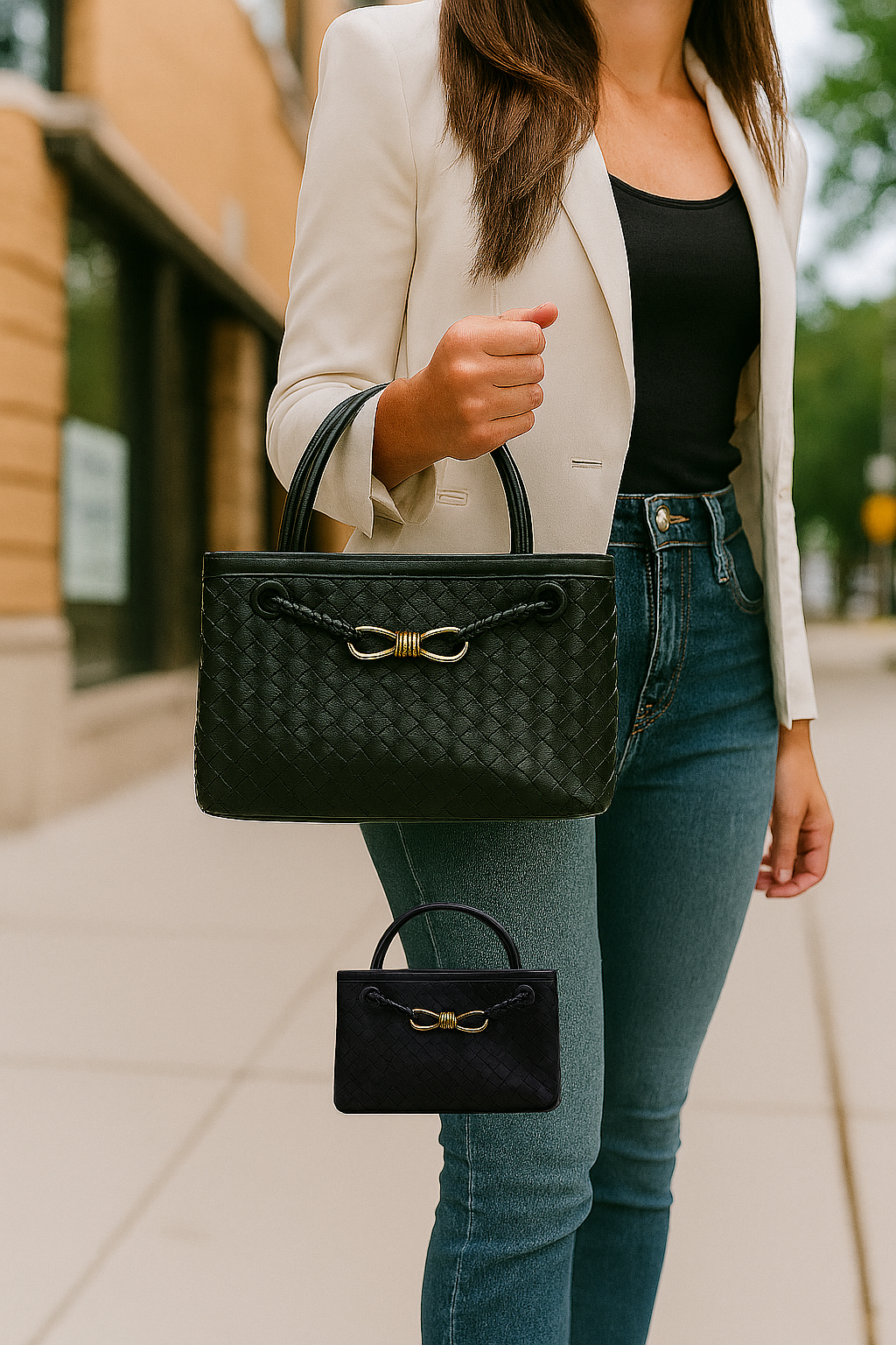 Woven Elegance Tote Handbag Purse – Black & Gold Edition -NIB