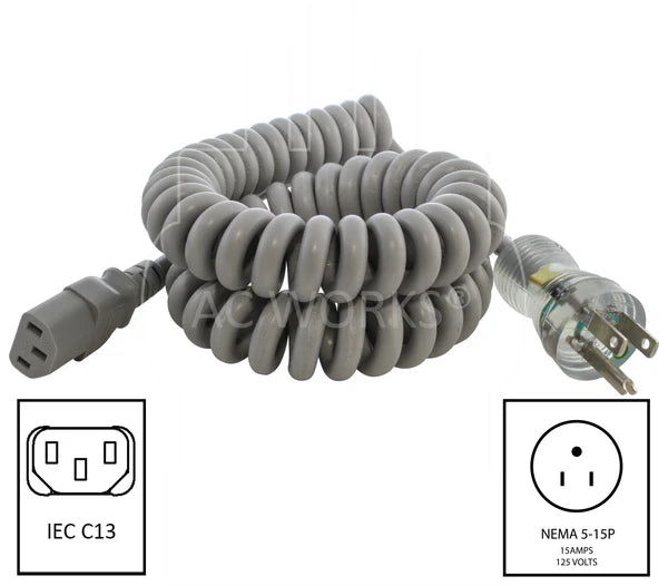 Coiled Medical Grade Power Cord With C13 Connector UP to 6.5ft 10A 18/3