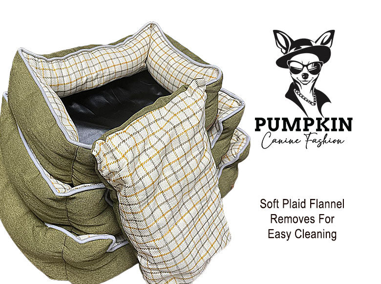 Pet Bed Dog with Plaid Flannel Removable Pillowing, Green Textured Couch – S/M/L