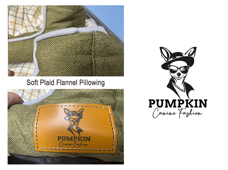 Pet Bed Dog with Plaid Flannel Removable Pillowing, Green Textured Couch – S/M/L