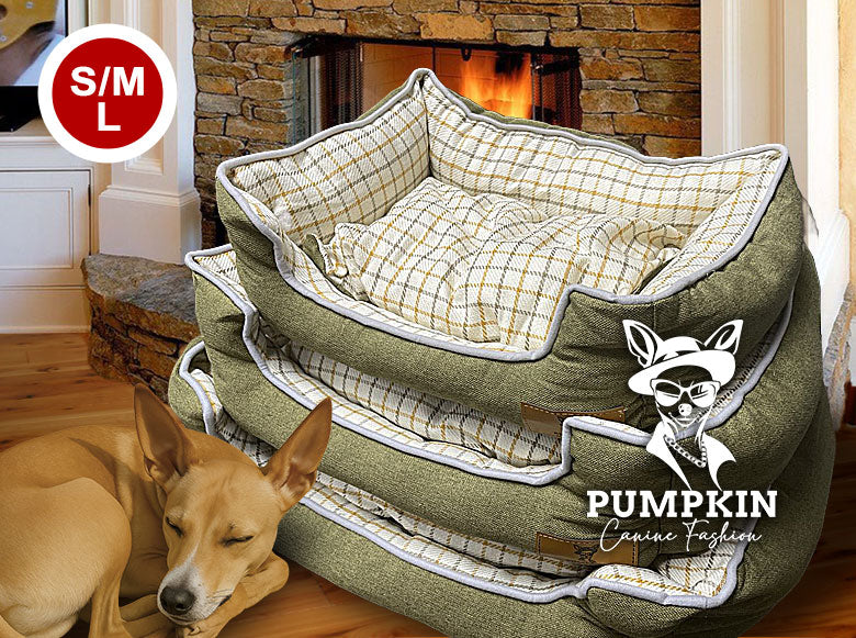 Pet Bed Dogs with Plaid Flannel Removable Pillowing, Green Textured Couch – S/M/L