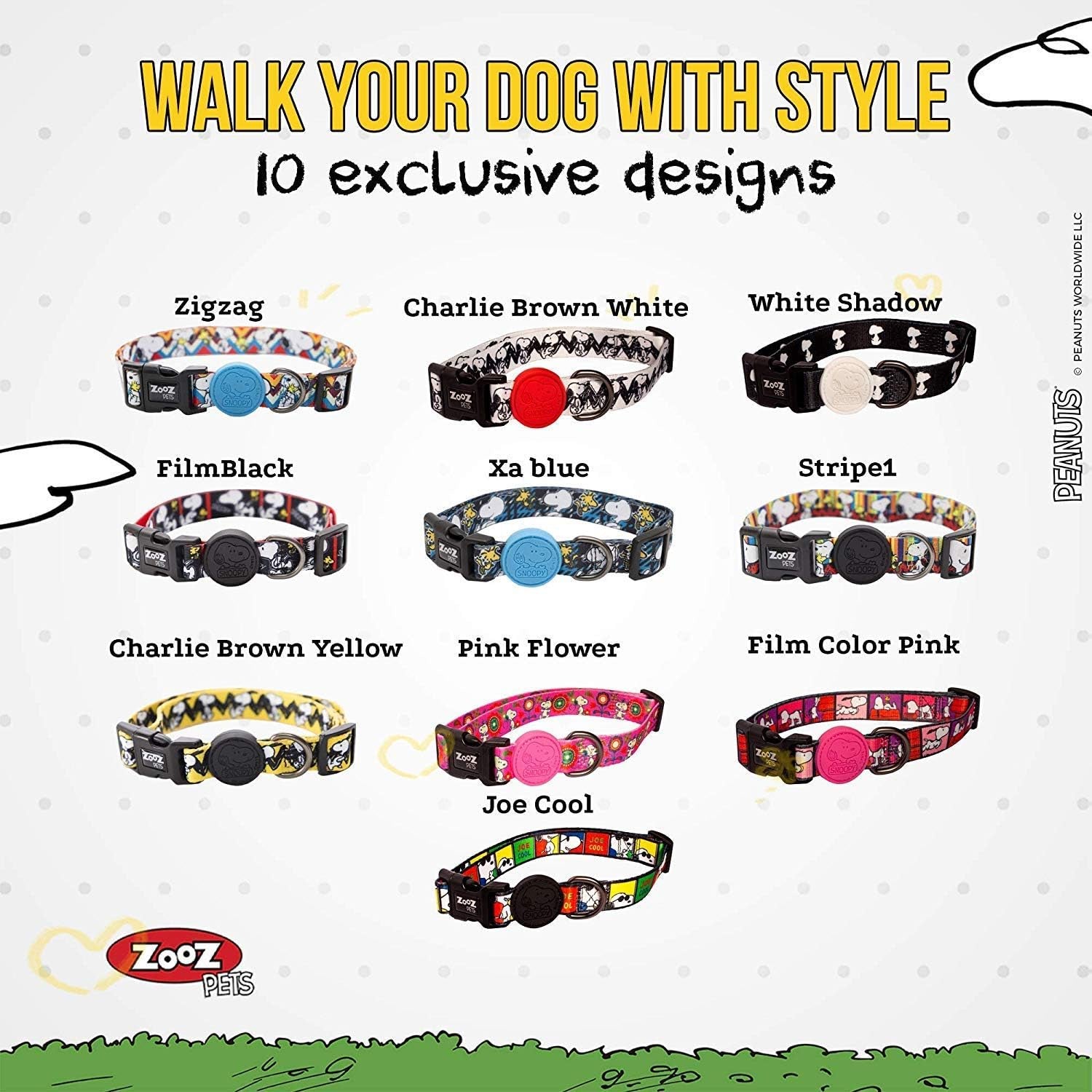 Snoopy Dog Collar - Official Snoopy Adjustable & Water Resistant Dog Collars for Small Dogs & Large - Extra Safety Strong Buckle Durable Fabric - Silky Comfortable Touch - 10 Unique Designs