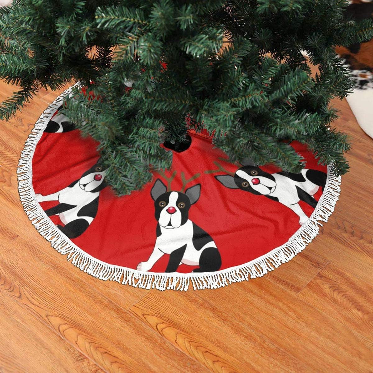 Boston Terrier Reindeer Christmas Christmas Tree Skirt Ornaments Xmas New Year Holiday Party Decorations Indoor Outdoor 48 Inch Large Tree Mat