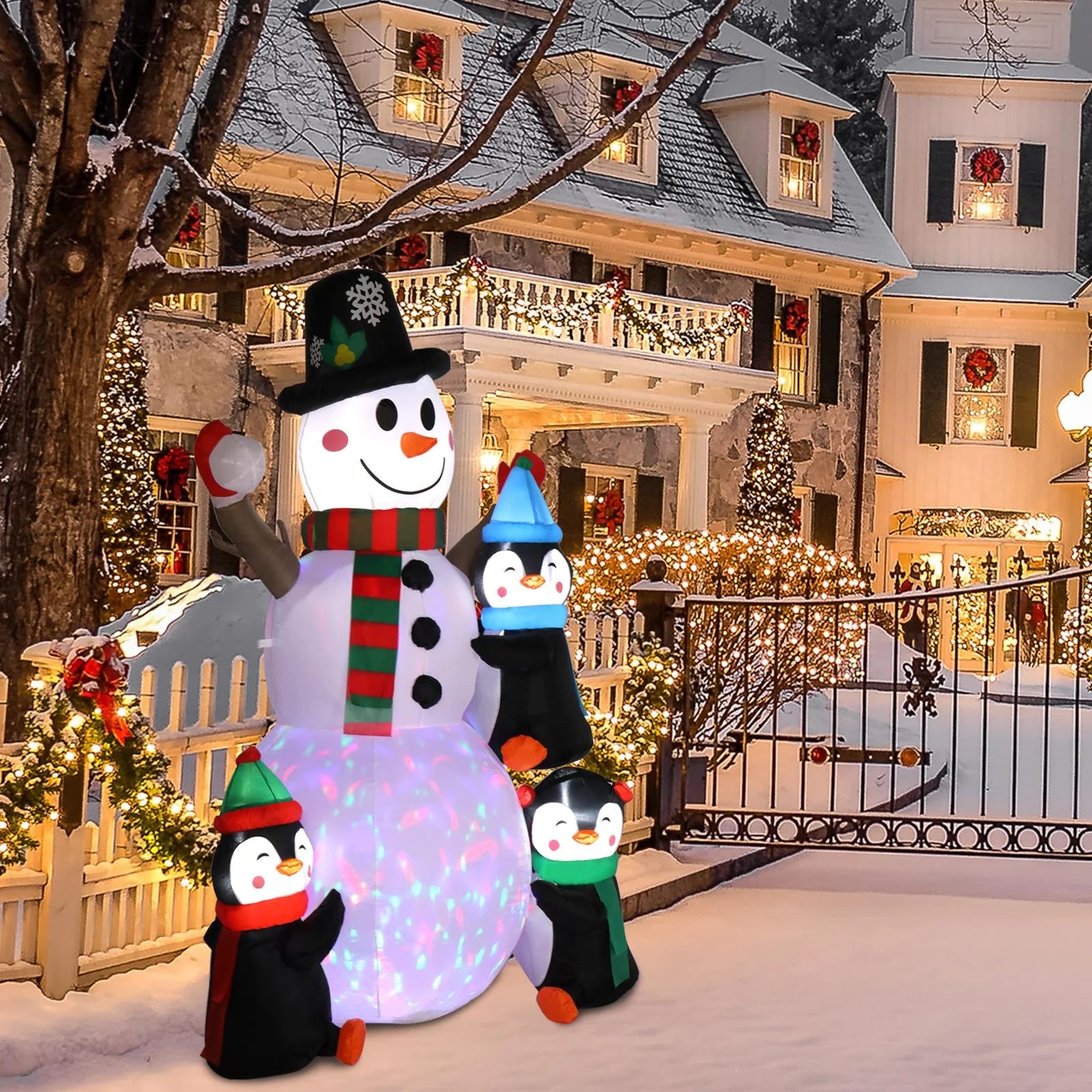 6FT Inflatables Snowman with Three Penguins Outdoor Christmas Decorations for Holiday Lawn Garden Party