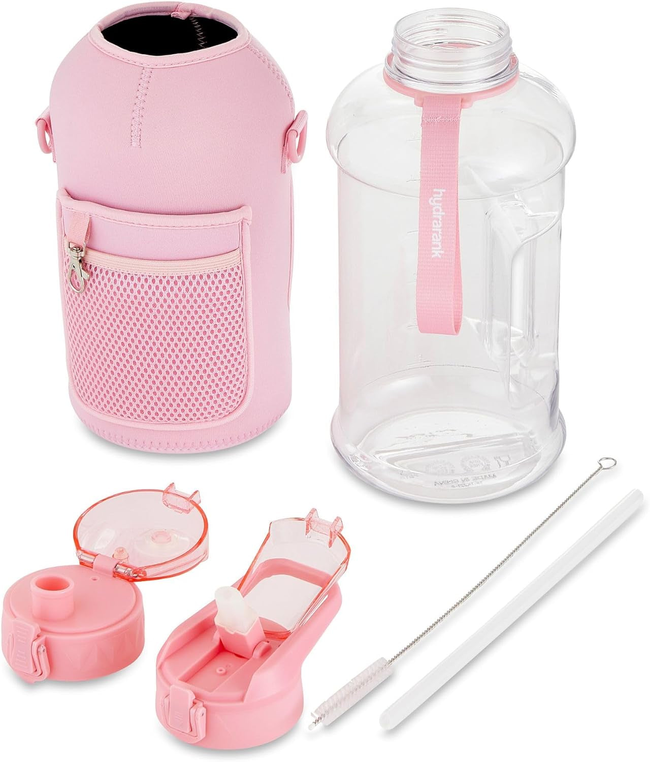 Half Gallon Water Bottle with Storage Sleeve and Straw Lid - BPA Free Large Gym Water Bottles for Women - Leak Proof - Reusable Pink Water Jug with Strap, Handle (74 Ounce)