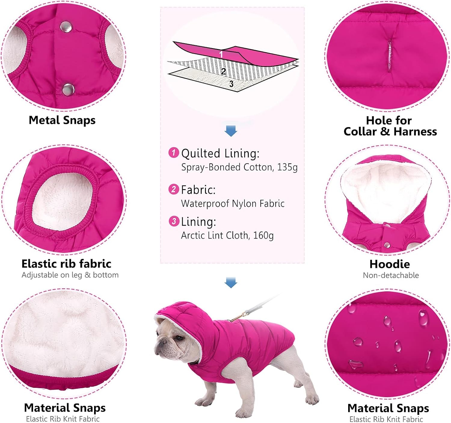 Dog Fleece Hoodie, Windproof Waterproof Dog Coat Fleece & Cotton Lined Warm Dog Jacket, Cold Weather Pet Apparel Clothes Vest for Small Medium Large Dog (L: Length 15", Chest 17.3"-20", Pink)