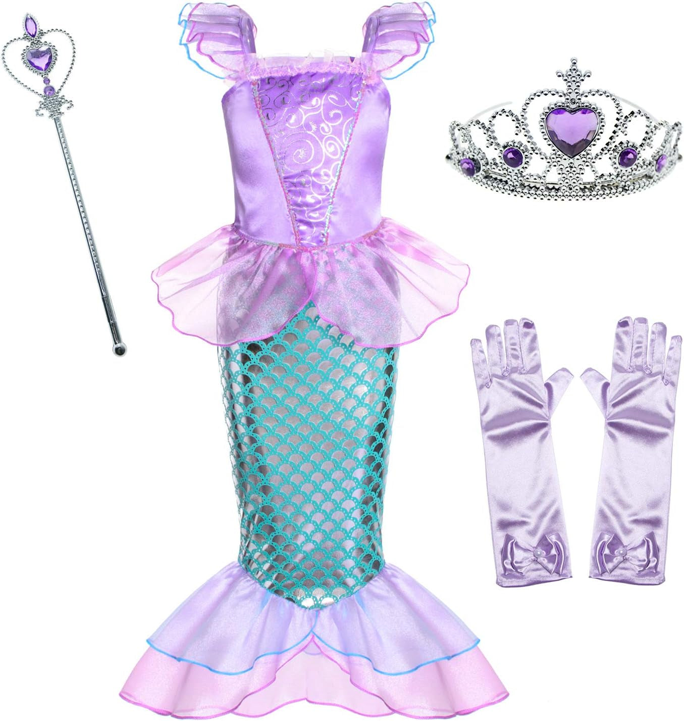 Little Girls Mermaid Princess Costume for Girls Dress up Party with Gloves,Crown Mace 3-10 Years