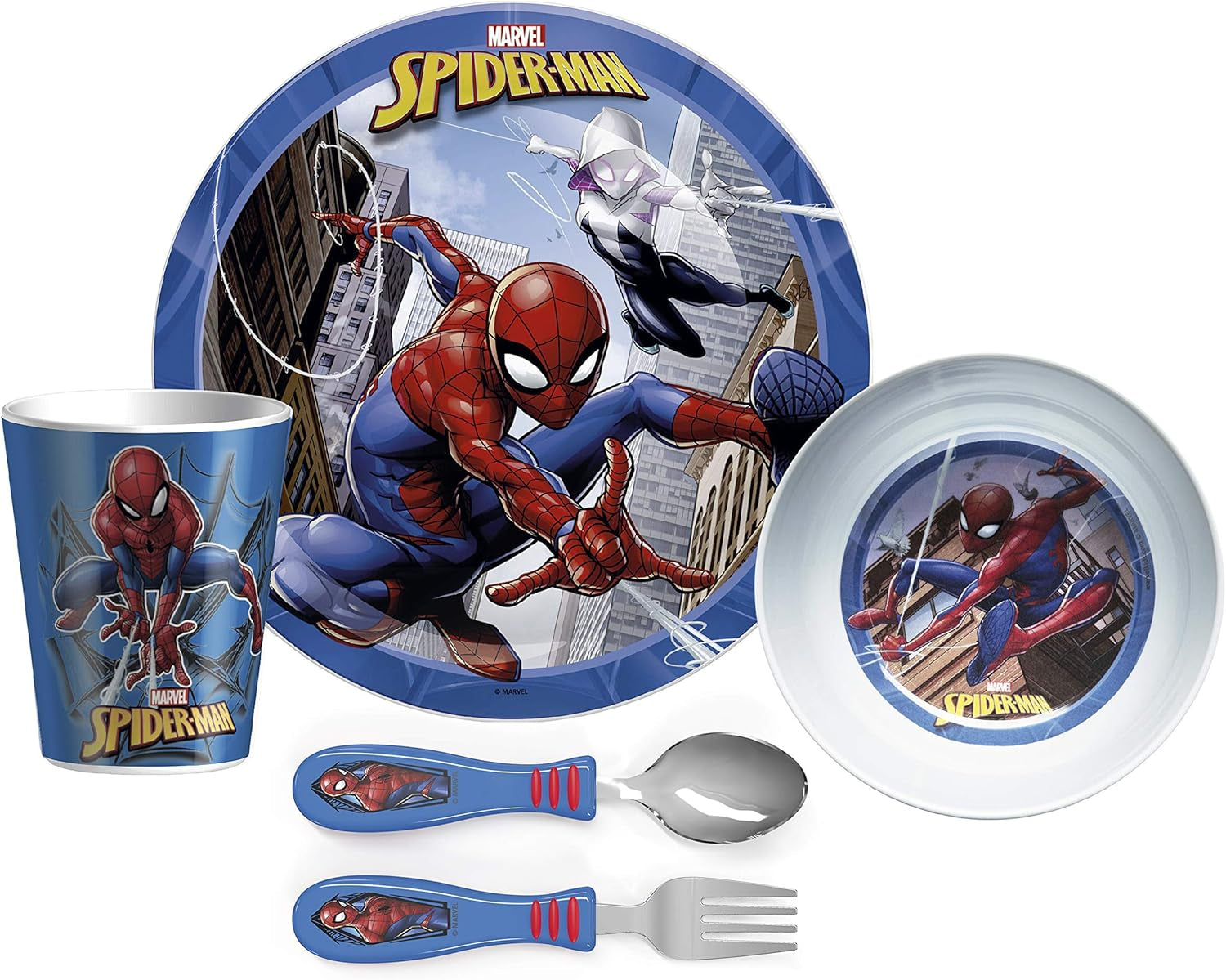 Zak! Marvel Spider-Man - 5-Piece Dinnerware Set - Durable Plastic & Stainless Steel - Includes Tumbler, 8-Inch Plate, 6-Inch Bowl, Fork & Spoon - Suitable for Kids Ages 3+