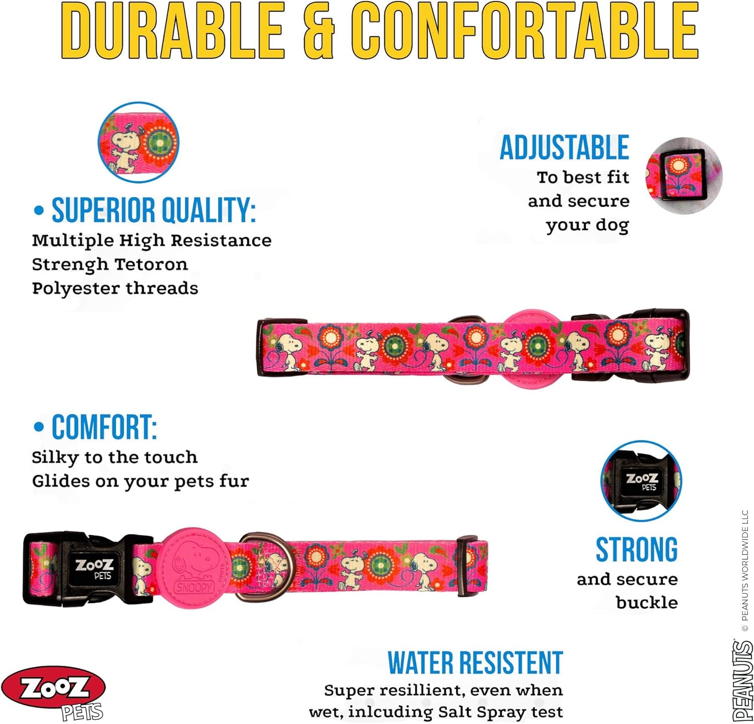 Snoopy Dog Collar - Official Snoopy Adjustable & Water Resistant Dog Collars for Small Dogs & Large - Extra Safety Strong Buckle Durable Fabric - Silky Comfortable Touch - 10 Unique Designs