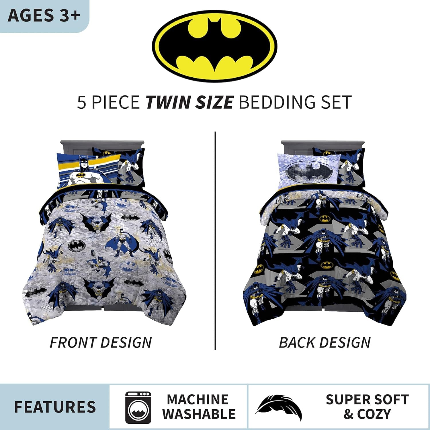 Kids Bedding Super Soft Comforter and Sheet Set with Sham, 5 Piece Twin Size, Batman