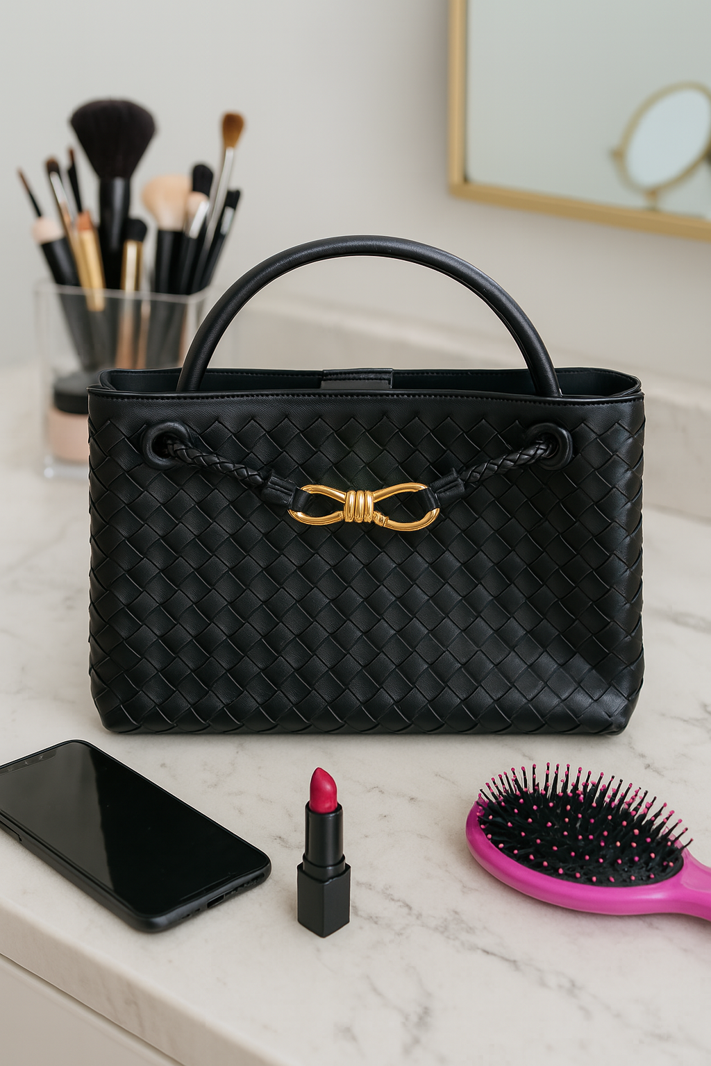 Woven Elegance Tote Handbag Purse – Black & Gold Edition -NIB