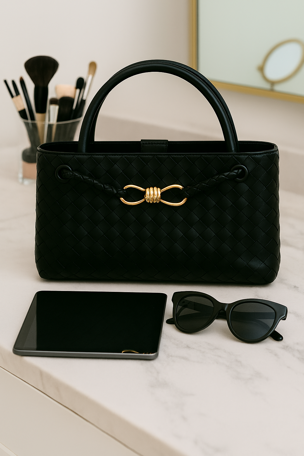 Woven Elegance Full-Size Handbag Purse – Black & Gold Edition -NIB