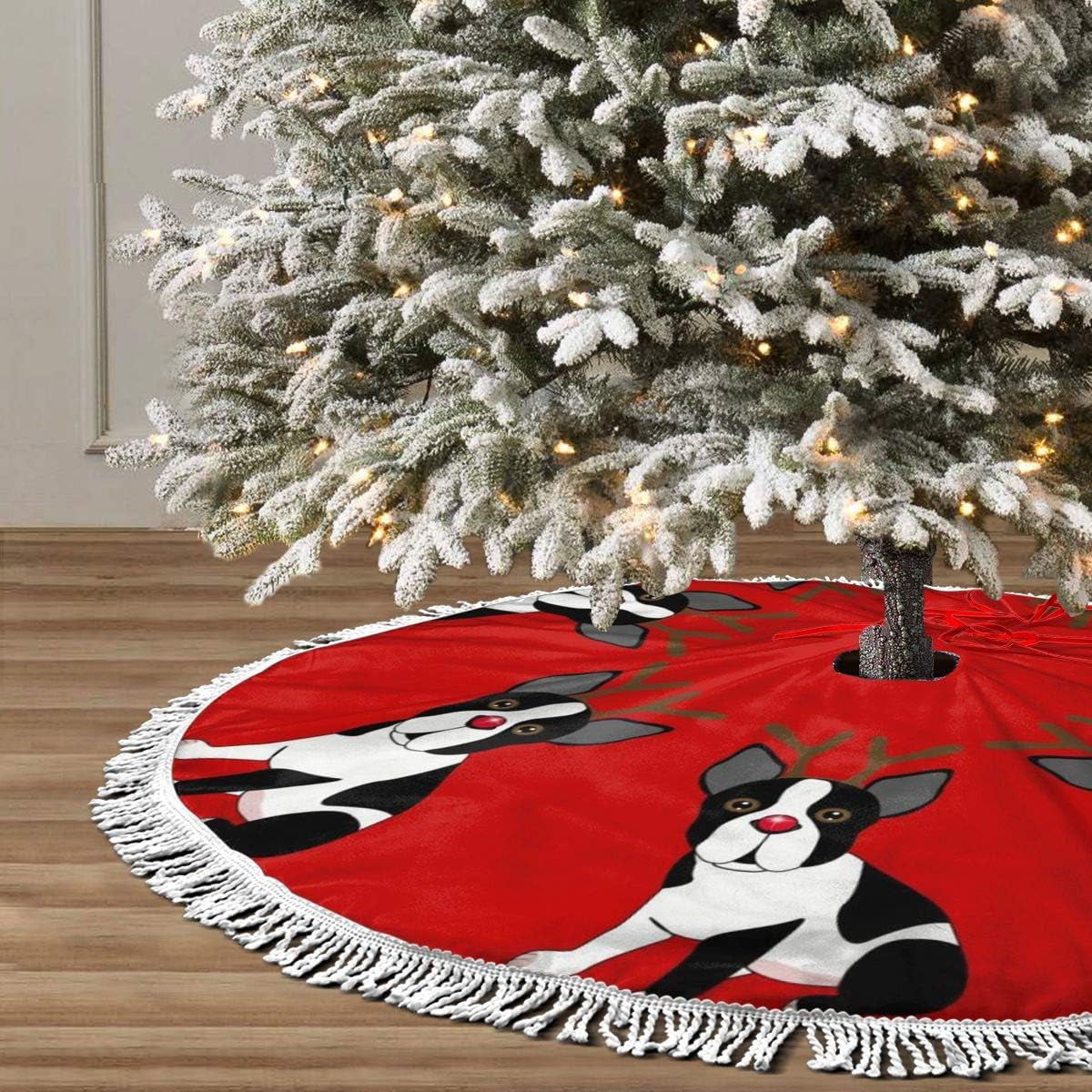 Boston Terrier Reindeer Christmas Christmas Tree Skirt Ornaments Xmas New Year Holiday Party Decorations Indoor Outdoor 48 Inch Large Tree Mat