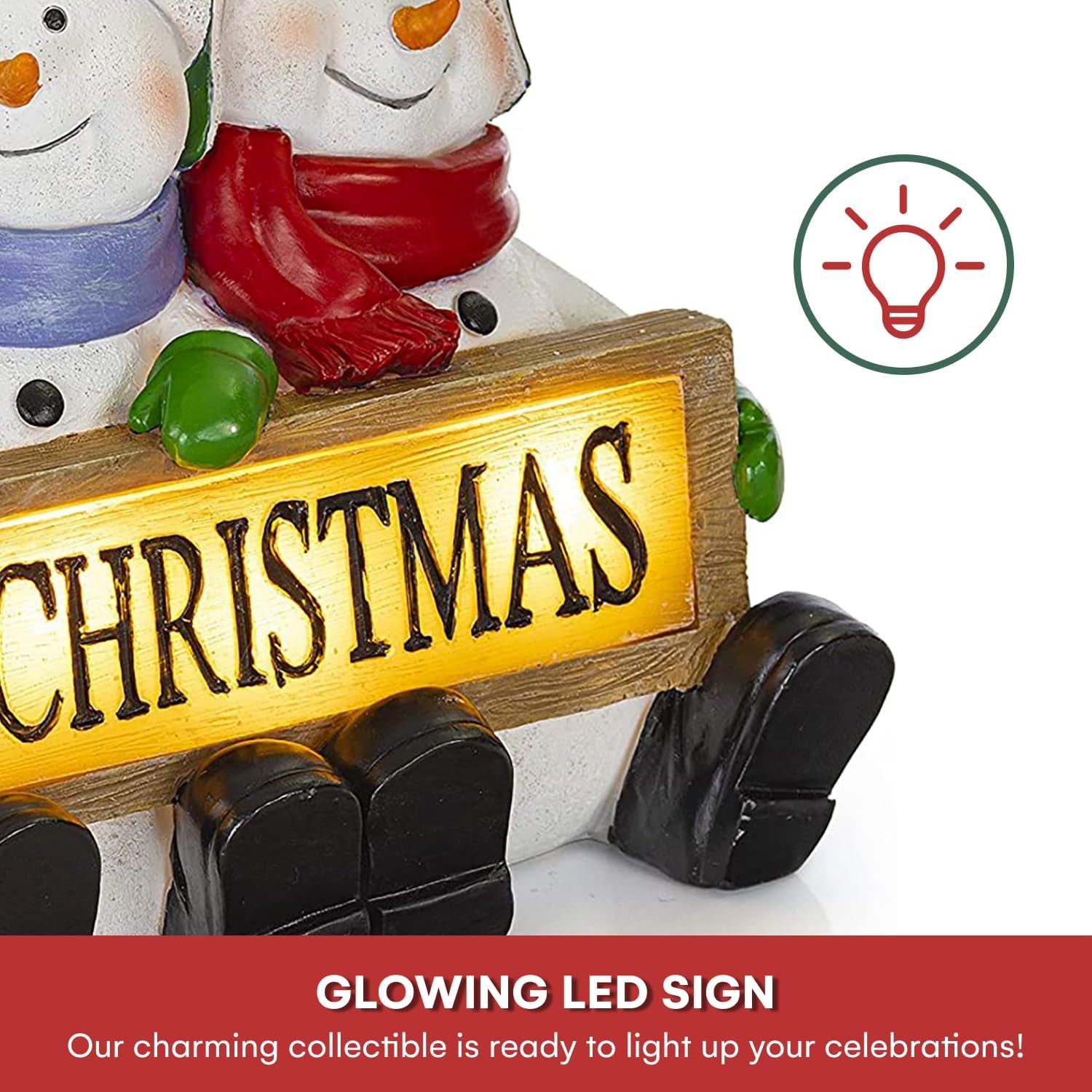 Glowing Merry Christmas Sign Trio LED Snowman Decor Christmas Figurines Resin Lighted Snowman Decorations Holiday Light up Snowman Indoor Festive Fiber Optic Decorations