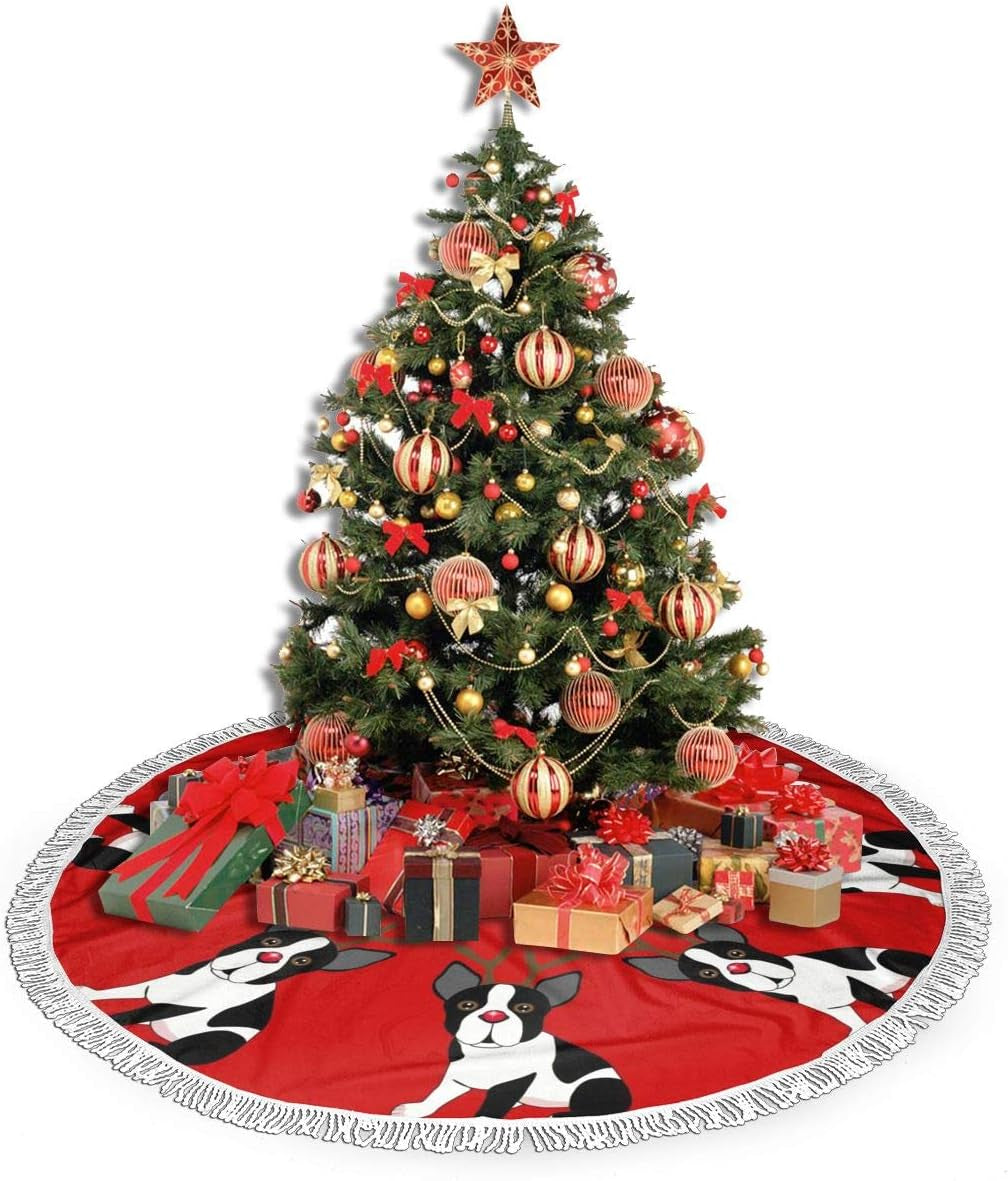 Boston Terrier Reindeer Christmas Christmas Tree Skirt Ornaments Xmas New Year Holiday Party Decorations Indoor Outdoor 48 Inch Large Tree Mat