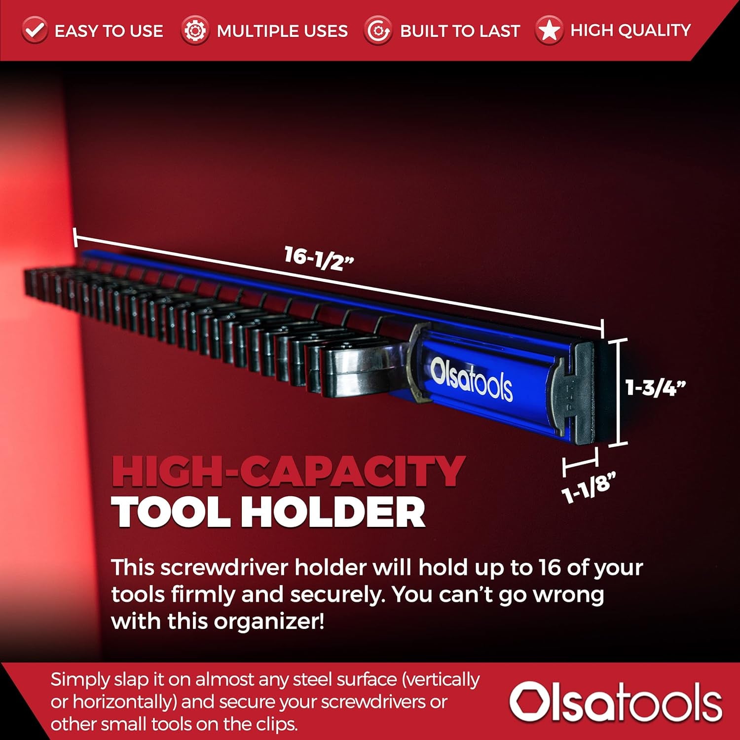 Magnetic Screwdriver Rail Organizer| Professional Quality Magnetic Tool Holder | Fits up to 16 Screwdrivers | Blue