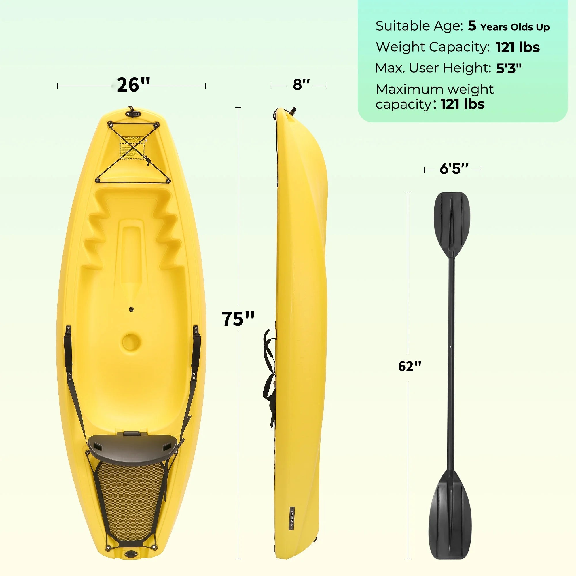 Kayak with Paddle 6.5FT Kayak 4-Level Footrest Sit on Top for Youth Kid to Teen up to 121Lbs