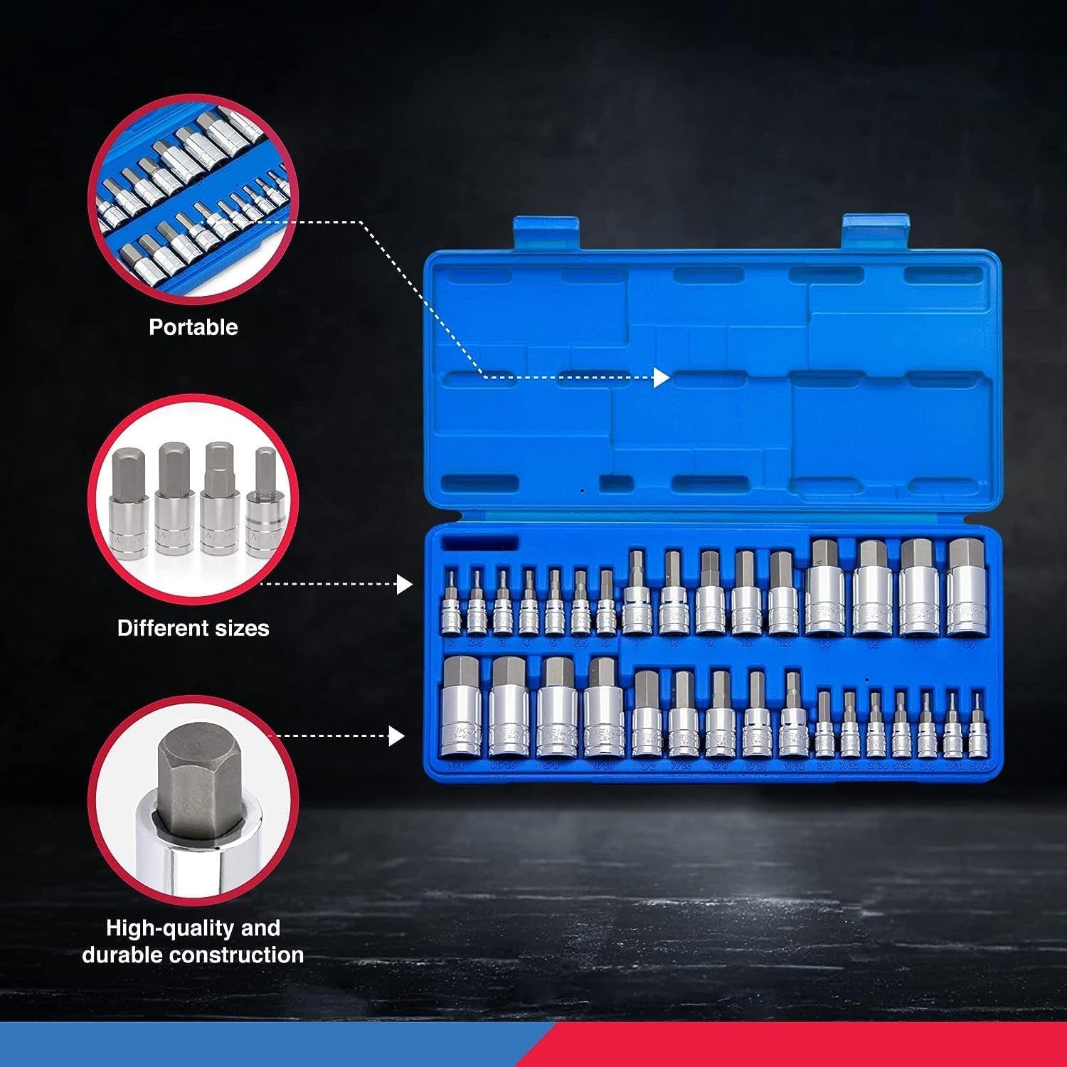 10288A Allen Hex Bit Socket Set, 32 Piece SAE and Metric Allen Socket Set, Allen Head Hex Key Socket Set Made with S2 Steel