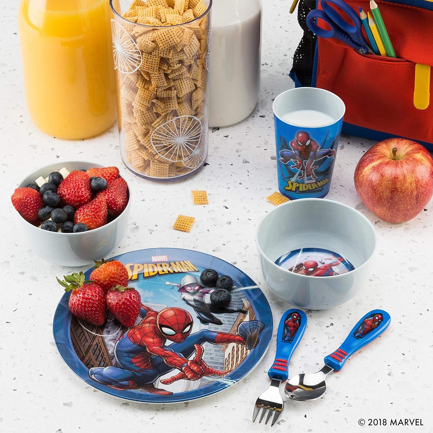 Zak! Marvel Spider-Man - 5-Piece Dinnerware Set - Durable Plastic & Stainless Steel - Includes Tumbler, 8-Inch Plate, 6-Inch Bowl, Fork & Spoon - Suitable for Kids Ages 3+