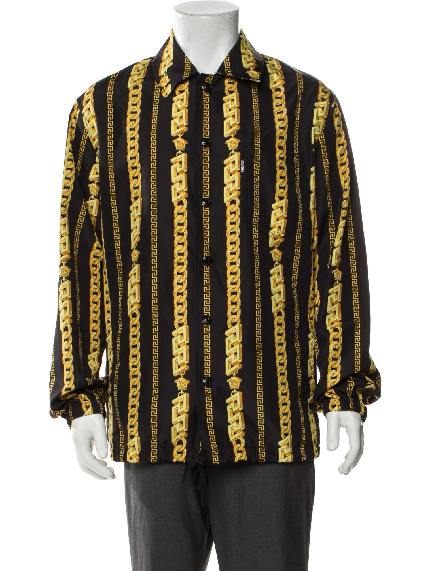 Versace Black Gold Medusa Chain Print Silk Shirt